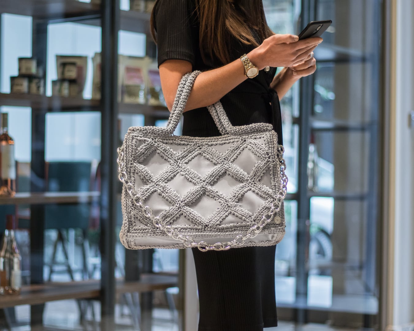 Sylvia Ice Grey Crochet Tote Bag