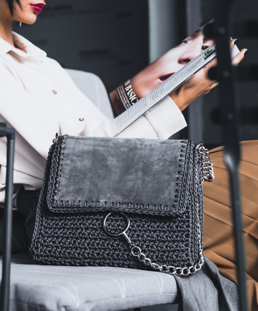 Dorothea Grey Crochet Shoulder Crossbody Bag